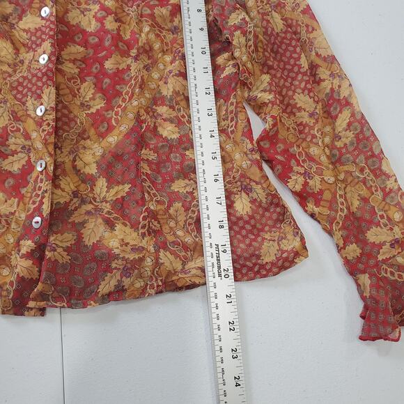 Y2K Whimsigoth Fairy Grunge Top Womens 14 Red Gold Button Up 100% Silk Sheer - Picture 5 of 7